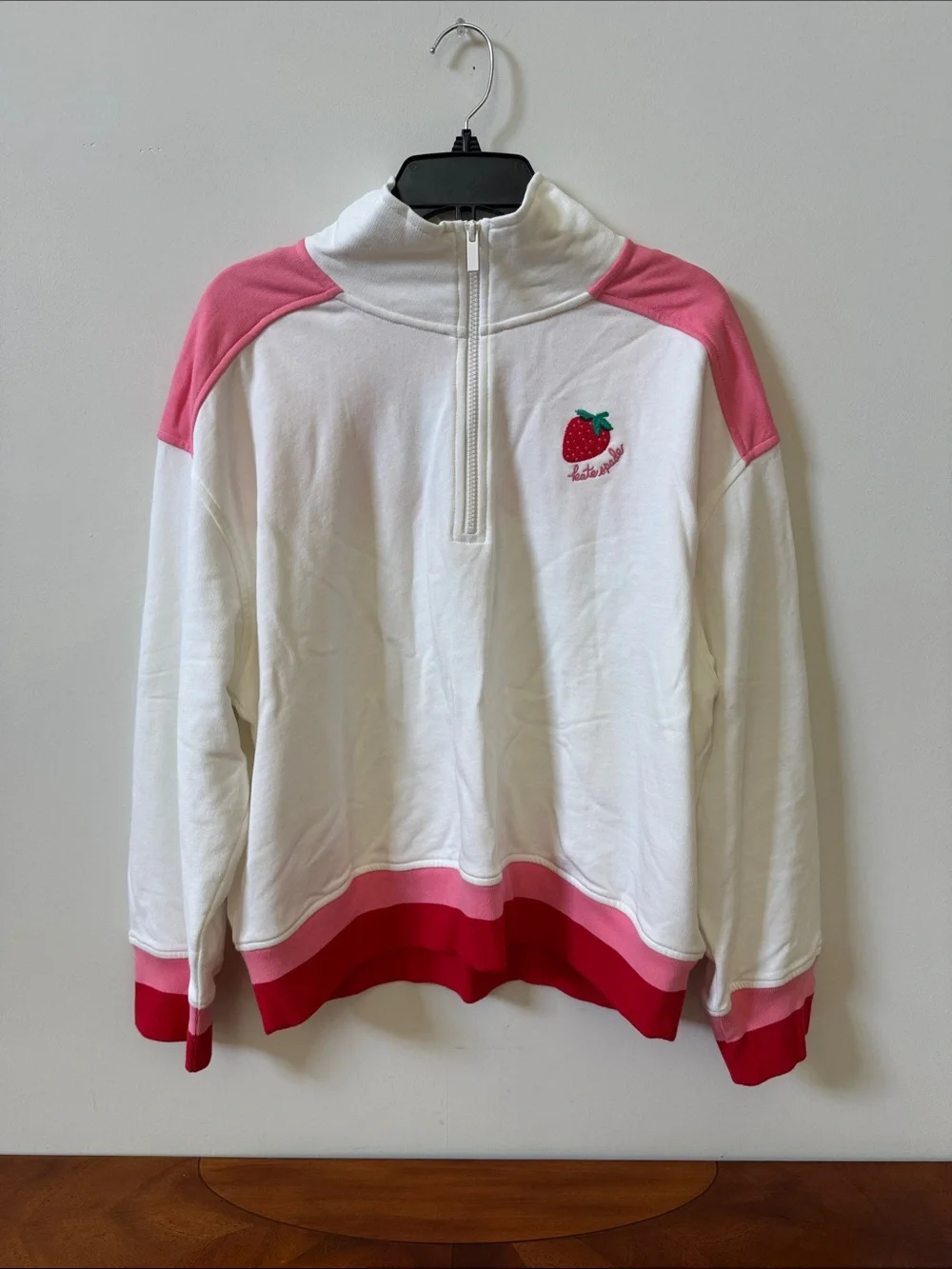 Kate spade ♠️White and Pink Strawberry Half-Zip Pullover Sweater,NWT 100 💯cotton